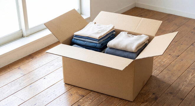 Cardboard box photo with folded clothes and jeans for moving donation and decluttering