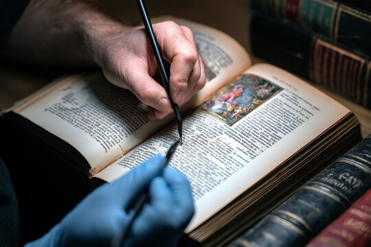 Book conservator restoring fragile antique pages with tweezers and brush
