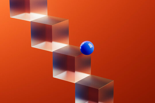 Abstract 3D Staircase with Blue Sphere on Orange Background