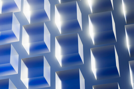 Abstract Blue Geometric Cubes with Glowing Light