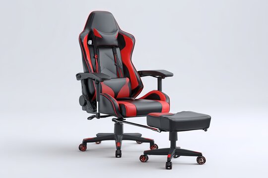 A sleek, ergonomic gaming chair in red and black, designed for comfort and performance, complete with a matching footrest and adjustable features.