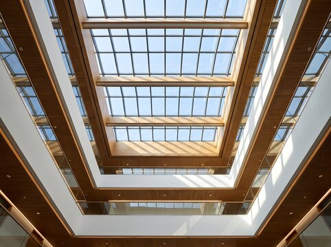Symmetrical design of multistory office building interior showcasing massive glass skylight framed with polished wood paneling and sleek metal railings.