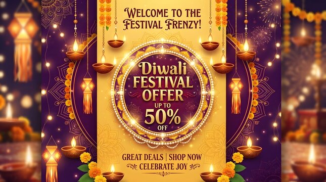 Diwali festival frenzy sale banner with traditional oil lamps