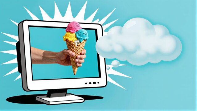 Hand holds ice cream cone on screen, clouds float beside it in bright blue setting.