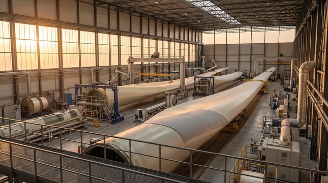 Large wind turbine blades stored inside a spacious industrial manufacturing facility at sunset with manufacturing industrial renewable production