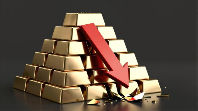 Golden bars pile up as red arrow points down, symbolizing financial decline.