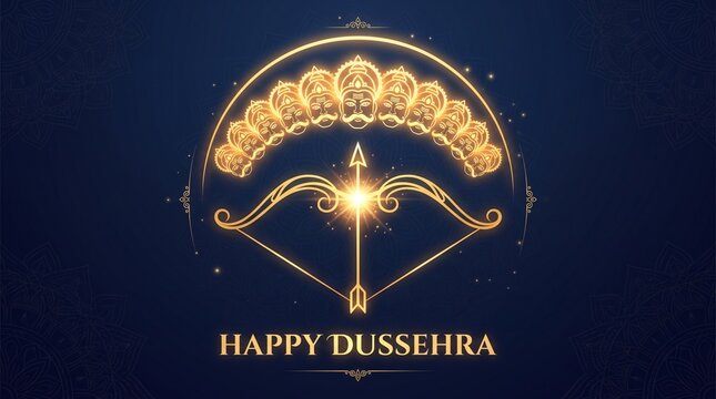 Happy dussehra greeting with golden ravana heads and bow arrow