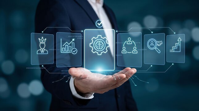 Business professional holding glowing digital interface with artificial intelligence and machine learning icons for technical management and innovative workflow solutions
