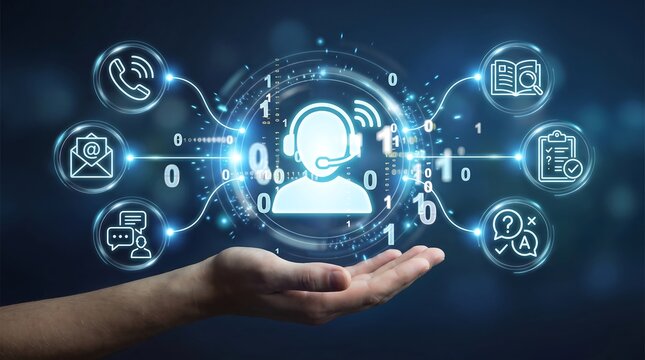 Hand holding glowing customer support and service desk interface with communication icons for digital customer relationship management and technical assistance solutions in business