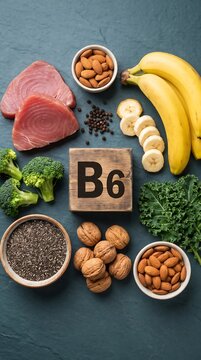 Vitamin B6 Rich Foods: Bananas, Tuna, Broccoli, Kale, Walnuts, Chia Seeds, Almonds, and Meat on Dark Background - Healthy Nutrition Concept for a Balanced Diet