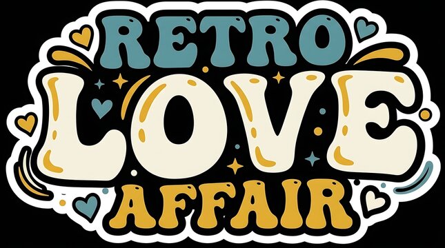 Retro love affair bubble typography with hearts and stars