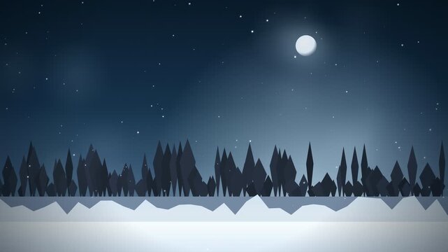 Animated flat design winter night landscape with snowy forest and glowing full moon
