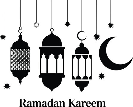 Ramadan Kareem greeting background with hanging traditional arabic lanterns crescent moon and stars black silhouette vector