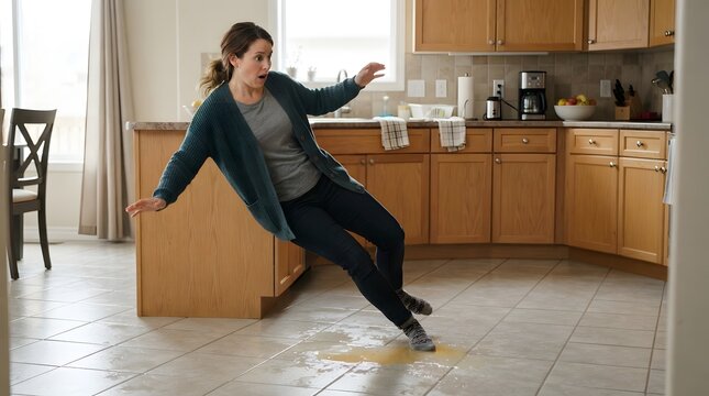 Woman Slipping on Wet Kitchen Floor After Spilling Water in Home Safety Accident
