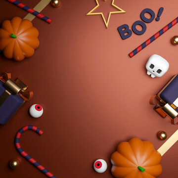 3D Halloween Gift Box and Pumpkin Arrangement with Copy Space