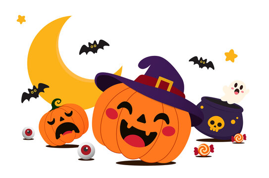 Cute Halloween Pumpkin Character with Witch Hat on Transparent Background PNG