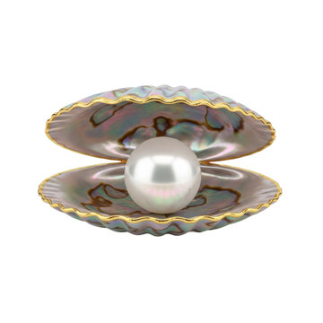 luxurious pearl elegantly nestled within an ornate abalone shell, showcasing iridescent luster and golden trim