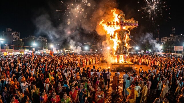 Crowd watching burning effigy of ravana during dussehra festival