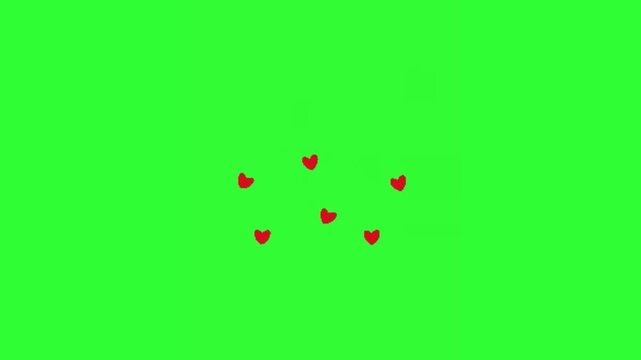 Multiple red hearts flying outward and gradually fading away on a bright green screen background. 