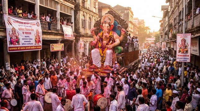 Ganesh Visarjan Festival Celebration with Ganesha Idol Procession in India	