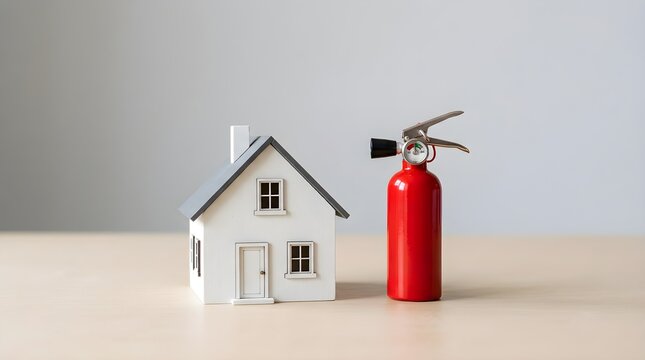 Miniature House Model Beside Red Fire Extinguisher for Home Safety Concept