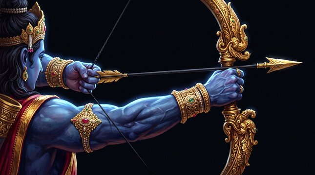 Lord rama holding golden bow and arrow close up