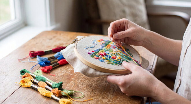 Hands embroidering flowers in wooden hoop photo with floss threads for craft hobby