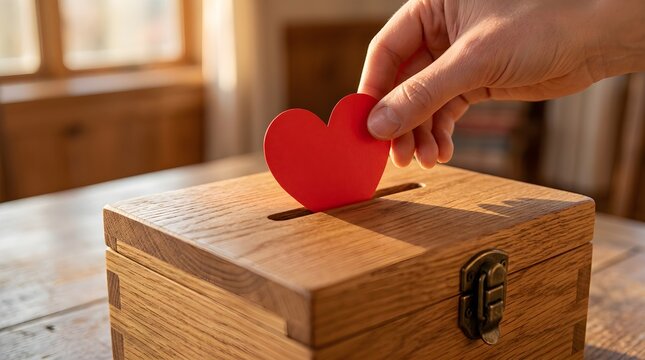 Hand inserting red paper heart into wooden donation box symbolizing charity and love
