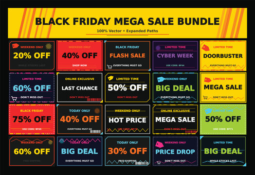 Mega sale marketing banner set with yellow red and purple promotional price tags.