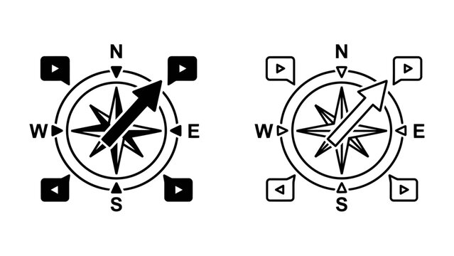Compass Icons: Two graphic illustrations of a compass, one black and white and one in outline, showing directional points N, S, E, W with an arrow pointing northeast.