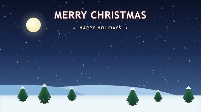 Animated Christmas greeting with snowy landscape and moon under a starry night sky