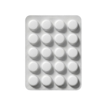 a white blister pack containing 20 circular tablets arranged in a 4x5 grid against a clean white background
