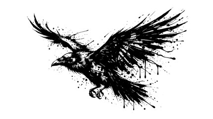 Obraz premium Ink splatter style illustration of a flying raven isolated on white background
