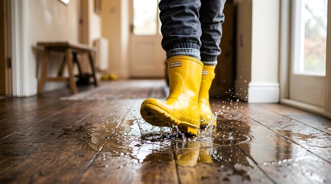 Person wearing yellow rain boots splashing in a water puddle on indoor hardwood floor