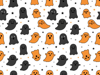 Fototapeta premium Seamless Halloween Pattern with Cute Orange and Black Ghosts