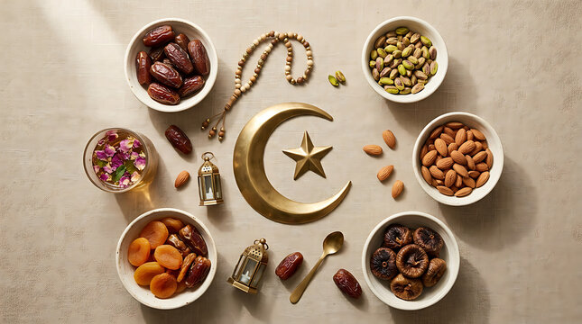Top view of ramadan kareem festive table setting with dates nuts dried fruits and traditional crescent moon decoration