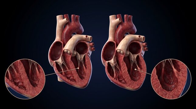 Comparison of human heart anatomy showing normal and hypertrophic ventricular walls with magnified insets.