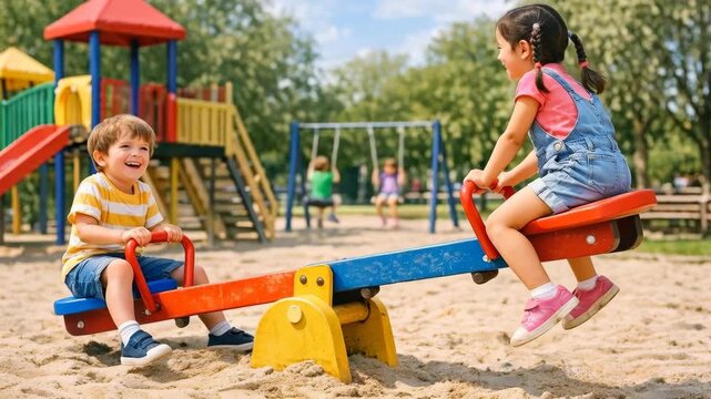 Two children laugh on a colorful seesaw