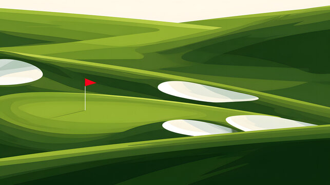 Golf course graphics. A flat design vector image of a golf course featuring bunkers, putting green, and a golf ball. Ideal for use in golfing posters, landing pages, or web banners.