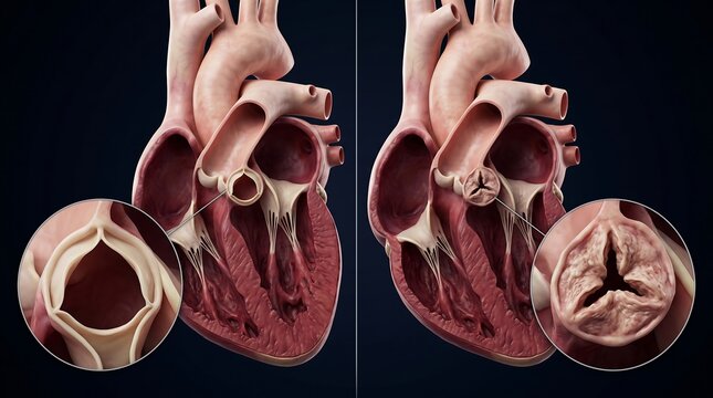 Comparison of healthy and diseased human heart valves showing aortic stenosis and restricted blood flow.