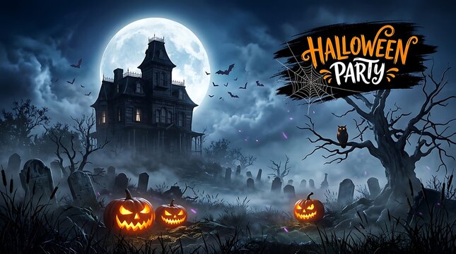 Spooky haunted house background with glowing pumpkins and full moon for a festive halloween party flyer