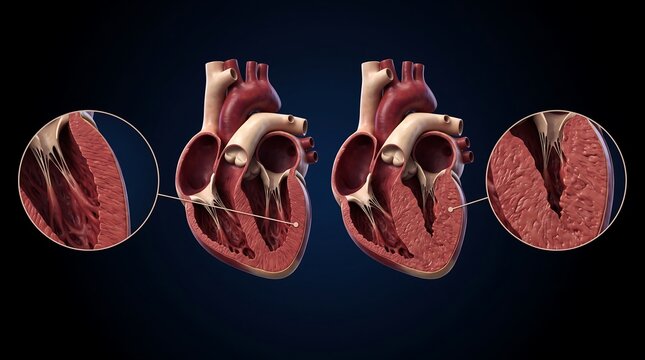 Comparison of a healthy human heart with a heart affected by hypertrophic cardiomyopathy, showing thickened ventricular walls.