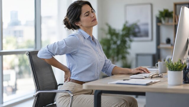 Young woman arching back pain while using computer desk office posture back pain side view private office glasses keyboard city window natural light