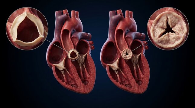 Comparison of healthy and stenotic aortic valves in human heart diagrams, illustrating normal function versus disease.