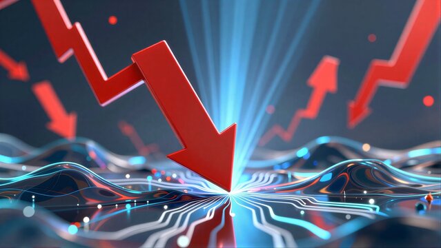 Red arrows plunge into digital circuitry, symbolizing market decline and technological disruption.