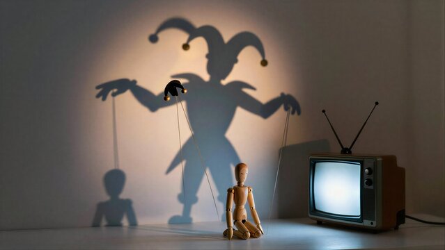 Shadow jester puppeteer controls tiny figure beside vintage TV.
