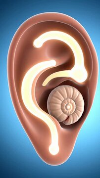 Human ear anatomy illustration with glowing pathway and seashell inside the concha