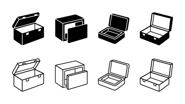 Set of Briefcases and Boxes: A graphic representation of various open and closed briefcases and storage boxes in a clean, illustrative style.