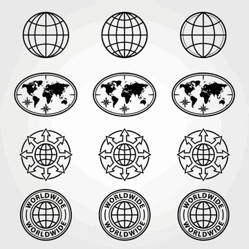 Set of world globes and map symbols for international logistics and global commerce business concept