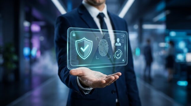 Businessman holding digital fingerprint scanner interface for biometric security authentication and data protection in modern corporate office environment with holographic technology